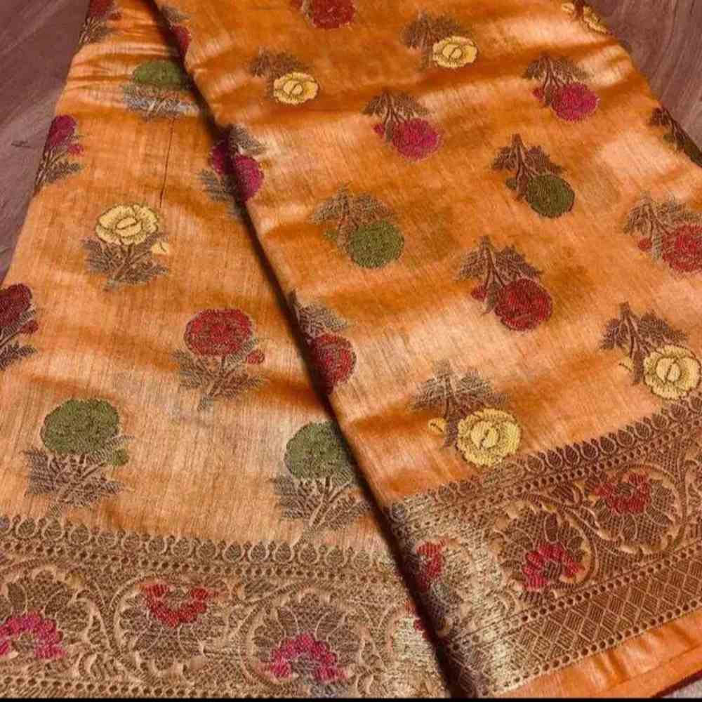 Golden Glow: Light Orange Munga Print Saree